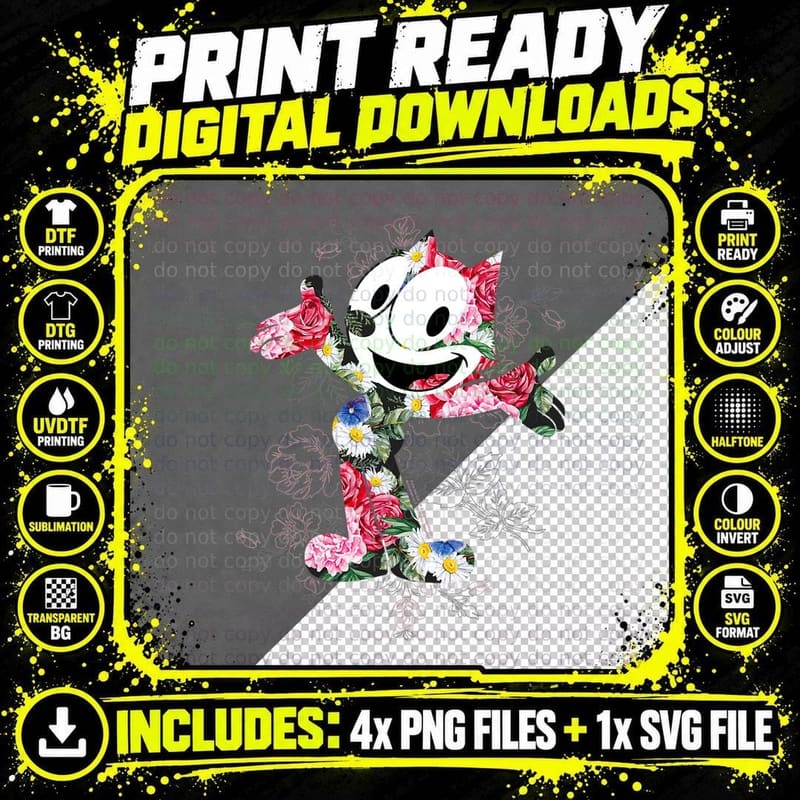 Felix the Cat Floral Fill T-Shirt, Vintage Retro Png SVG Digital Bundle