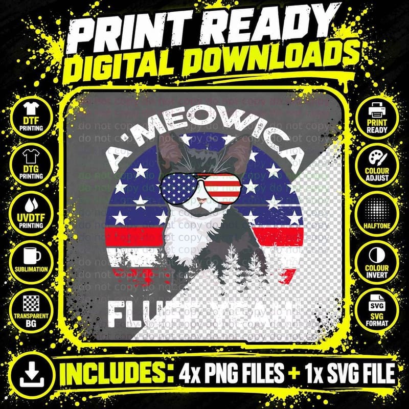 Funny A'meowica Fluff Yeah Tuxedo Cat 4th July Mom Dad Png SVG Digital Bundle