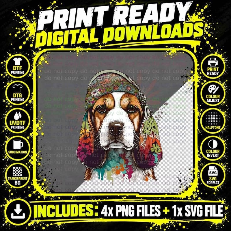 Funny Beagle Dog Hippie T-Shirt, Colorful Floral Print Png SVG Digital Bundle