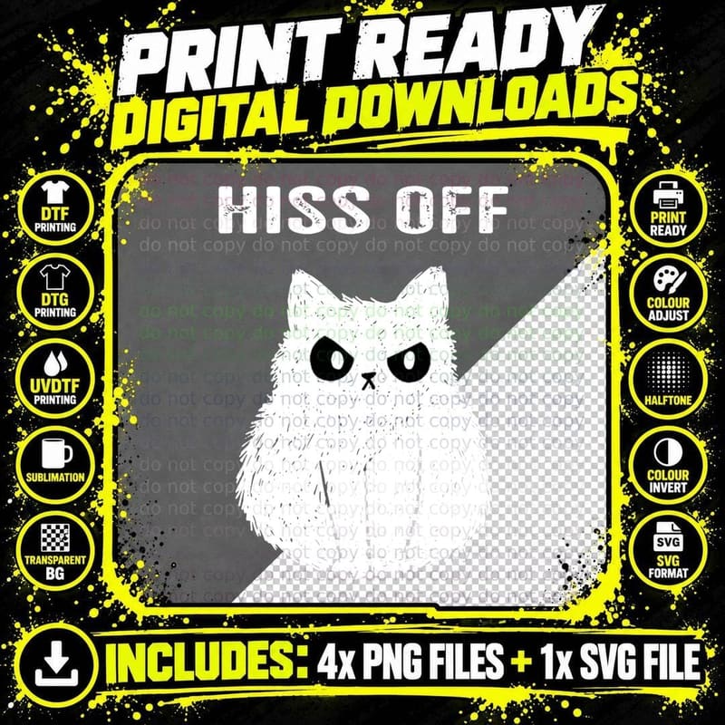 Funny Black Cat Hiss off Meow T-Shirt, Sarcasm Humor Png SVG Digital Bundle