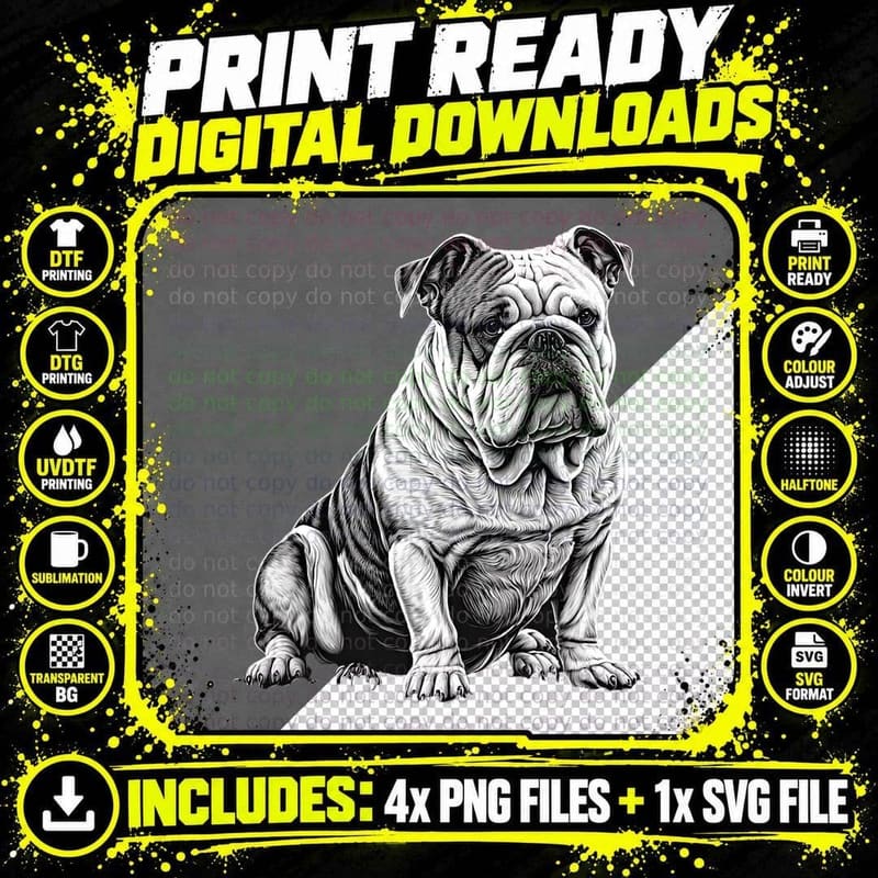 Funny Bulldog T-Shirt, Detailed Dog Print Png SVG Digital Bundle