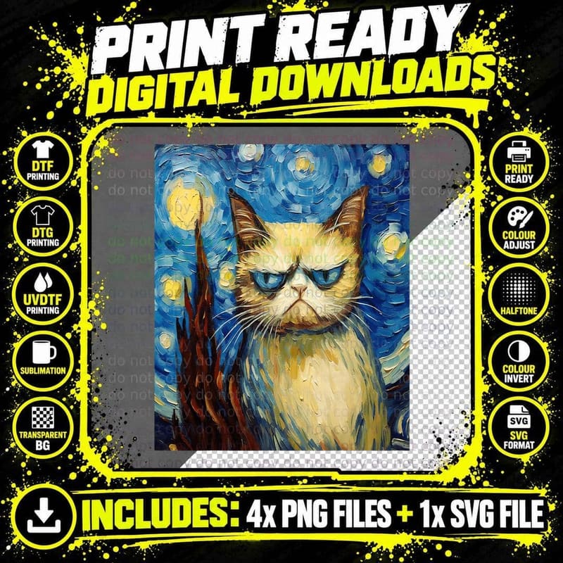 Funny Cat Art Painting Cat Lover Starry Night Cat Van Png SVG Digital Bundle
