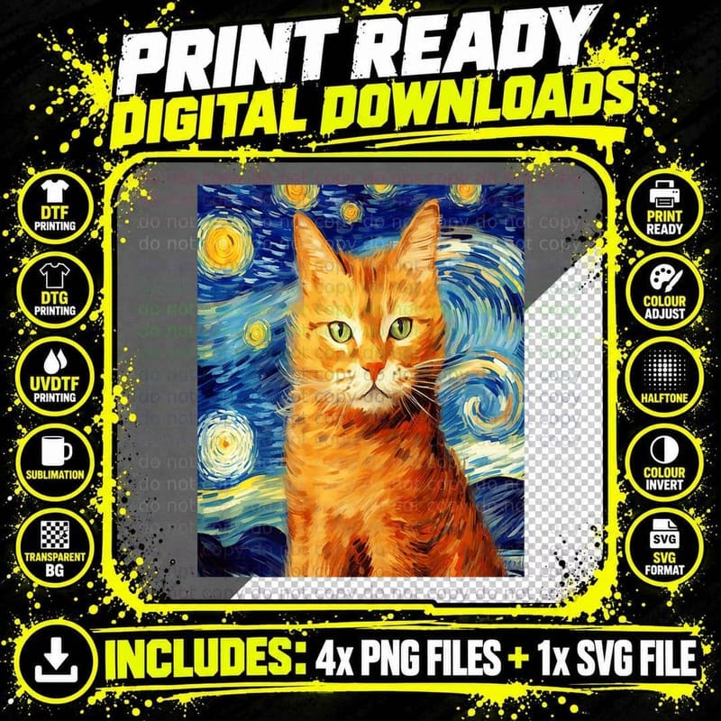 Funny Cat Art Painting Cat Lover Starry Night Cat Van Png SVG Digital Bundle