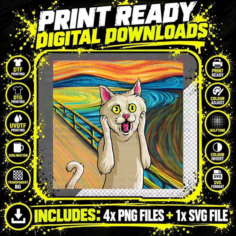 Funny Cat Art Painting Cute Screamer for Cat Kitty Png SVG Digital Bundle