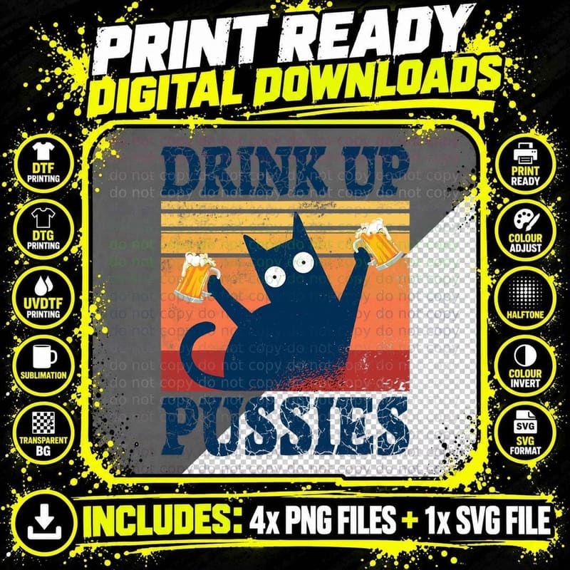 Funny Cat Drinking Beer T-Shirt, Retro Vintage Style Png SVG Digital Bundle