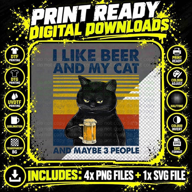 Funny Cat Lovers T-Shirt, Beer & Cat Humor Png SVG Digital Bundle