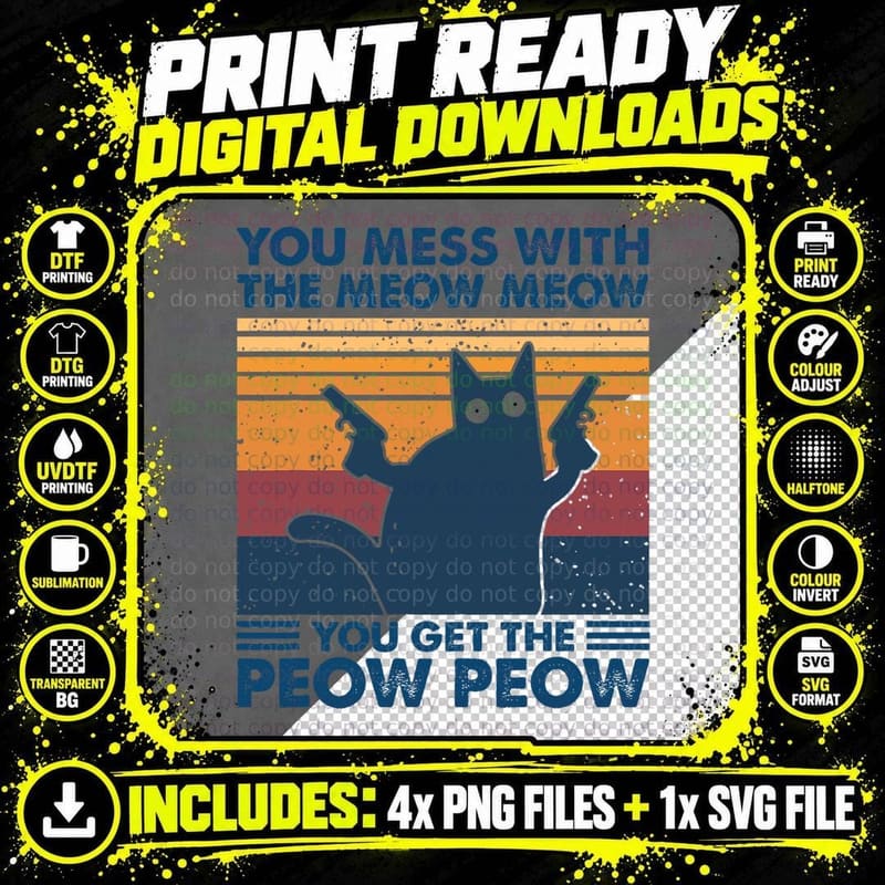 Funny Cat Pew Pew T-Shirt, Retro Vintage Style Png SVG Digital Bundle
