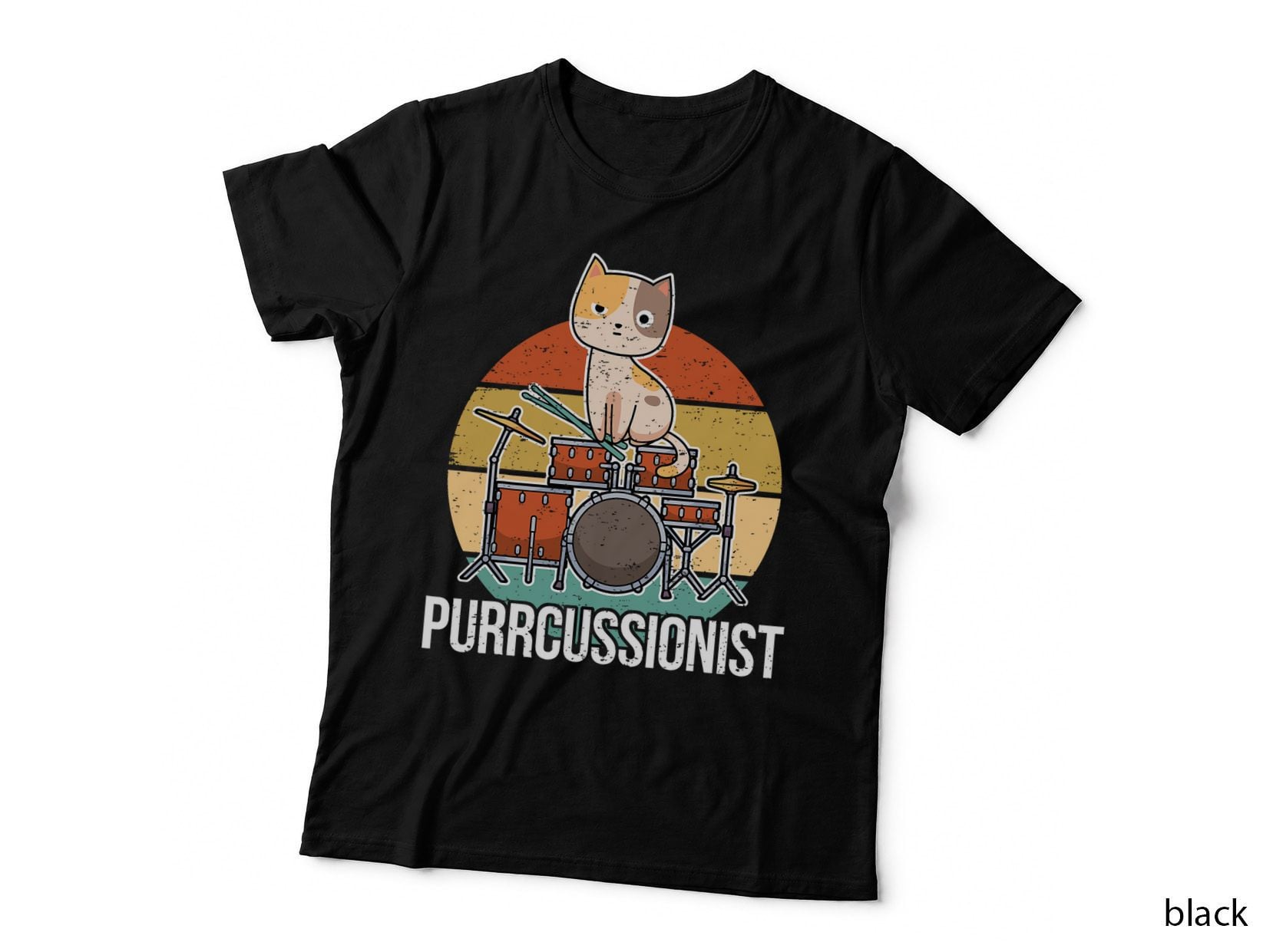 Funny Cat Playing Drums T-Shirt, Retro Vintage Style, Music Lover Apparel