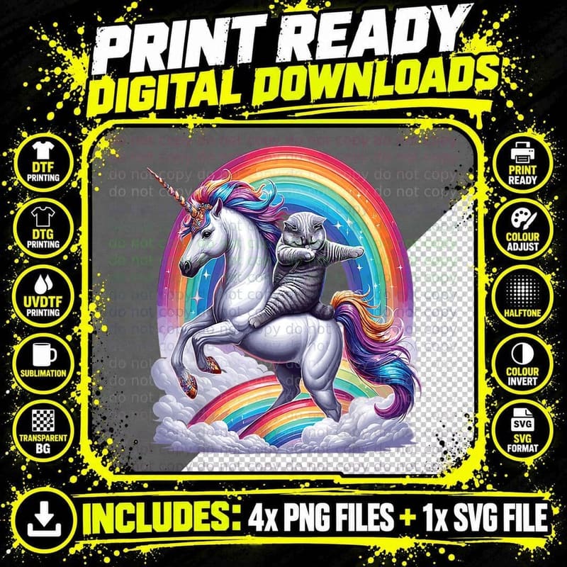 Funny Cat Rainbow Colourful Unicorn T-Shirt Png SVG Digital Bundle