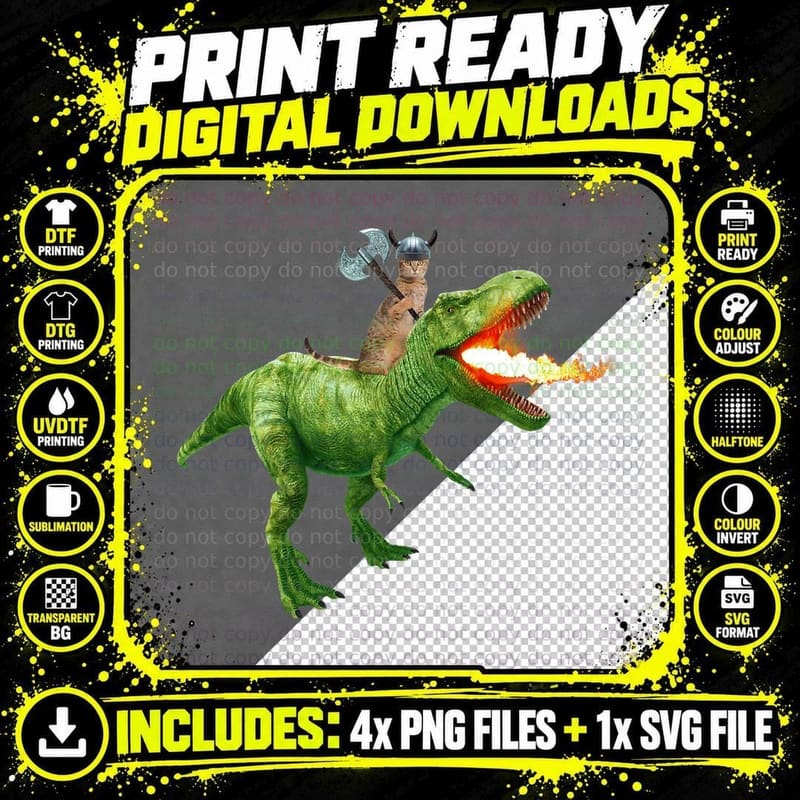 Funny Cat Riding T-Rex T-Shirt, Viking Cat Png SVG Digital Bundle