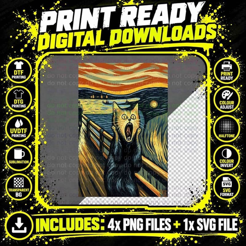 Funny Cat Scream Painting Style Cat Lover Cat Mom Cat Png SVG Digital Bundle