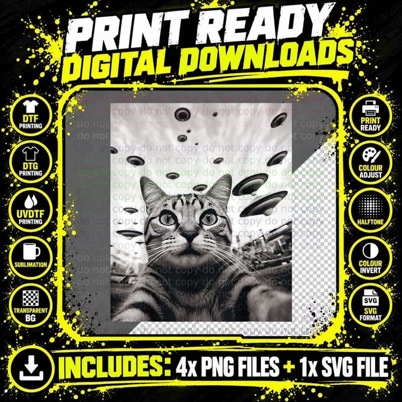 Funny Cat Selfie UFO T-Shirt, Space Cat Print Png SVG Digital Bundle