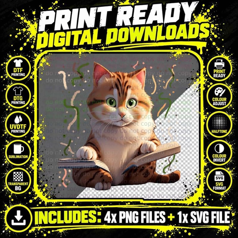 Funny Cats Reading a Book T-Shirt, Whimsical Cat Graphic Png SVG Digital Bundle