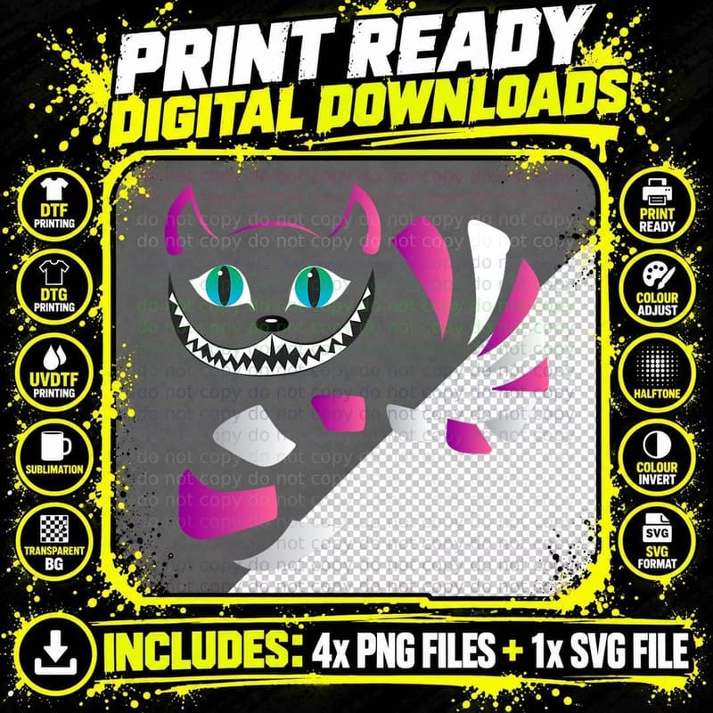 Funny Cheshire Cat T-Shirt, Whimsical Cat Print Png SVG Digital Bundle