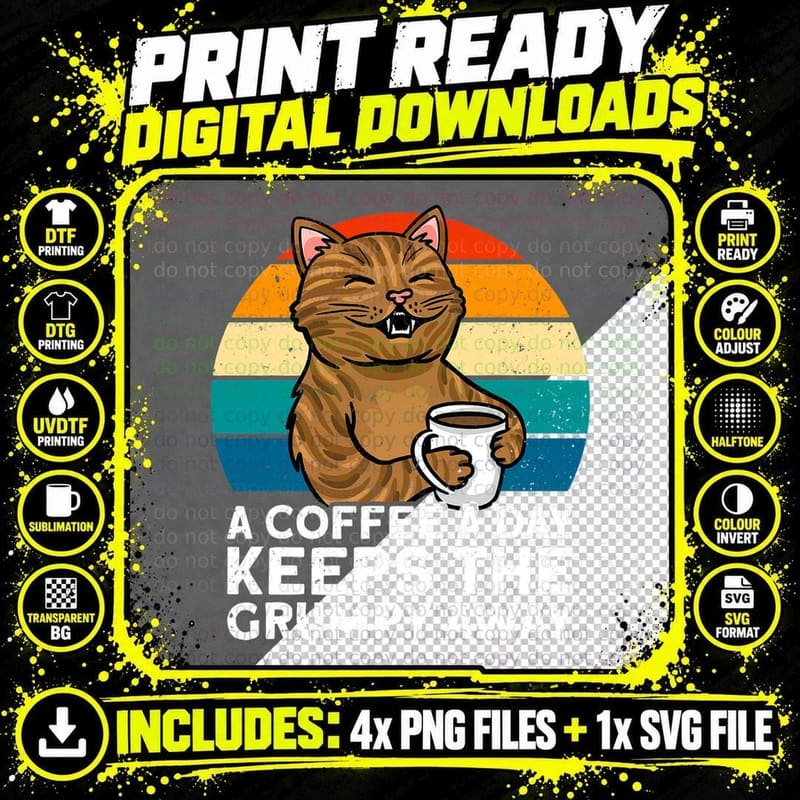 Funny Coffee Cat T-Shirt, Retro Vintage Style Png SVG Digital Bundle