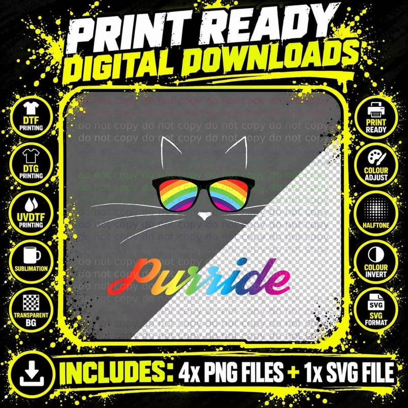 Funny Gay Pride Purride Kitty Rainbow Sunglasses Cat Png SVG Digital Bundle
