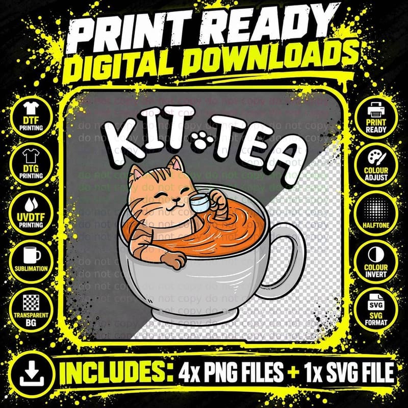 Funny Kitten Cat in Tea Cup T-Shirt Png SVG Digital Bundle