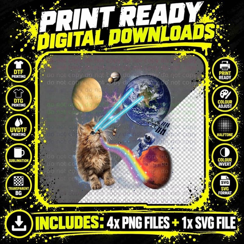 Funny Laser Cat Cute Space Cat Kitten Laser Eyes T-Shirt Png SVG Digital Bundle