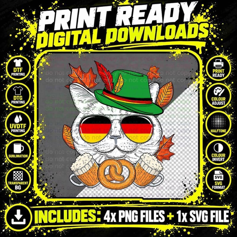 Funny Lederhosen Cat T-Shirt, Oktoberfest Style Png SVG Digital Bundle