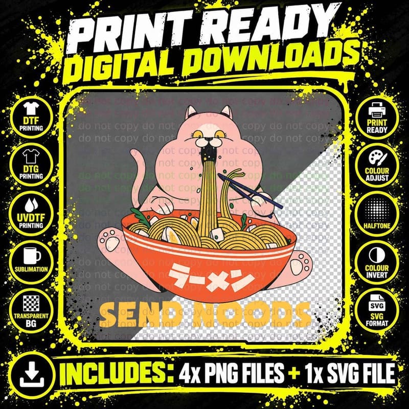 Funny Ramen Noodle Cat T-Shirt, Comic Food Humor Png SVG Digital Bundle