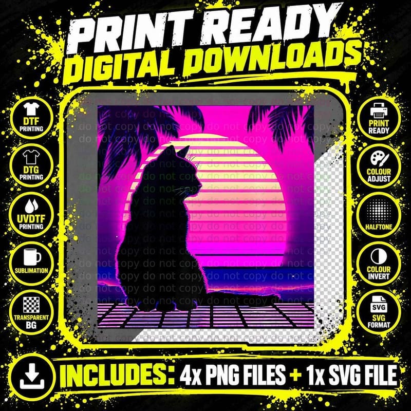 Funny Retro Vaporwave Synthwave Cat Png SVG Digital Bundle