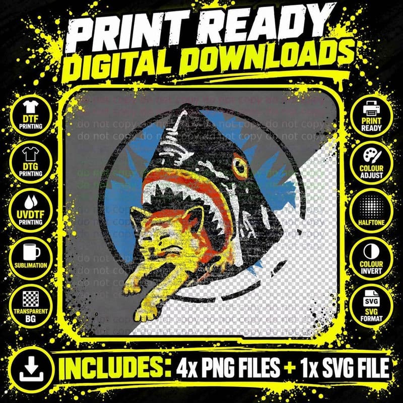 Funny Shark Eating a Cat T-Shirt, Quirky Animal Art Png SVG Digital Bundle