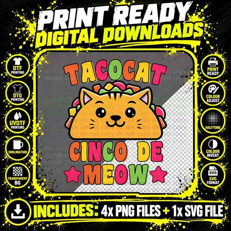 Funny Taco Cat Pun Tacocat T-Shirt, Cinco De Meow Png SVG Digital Bundle