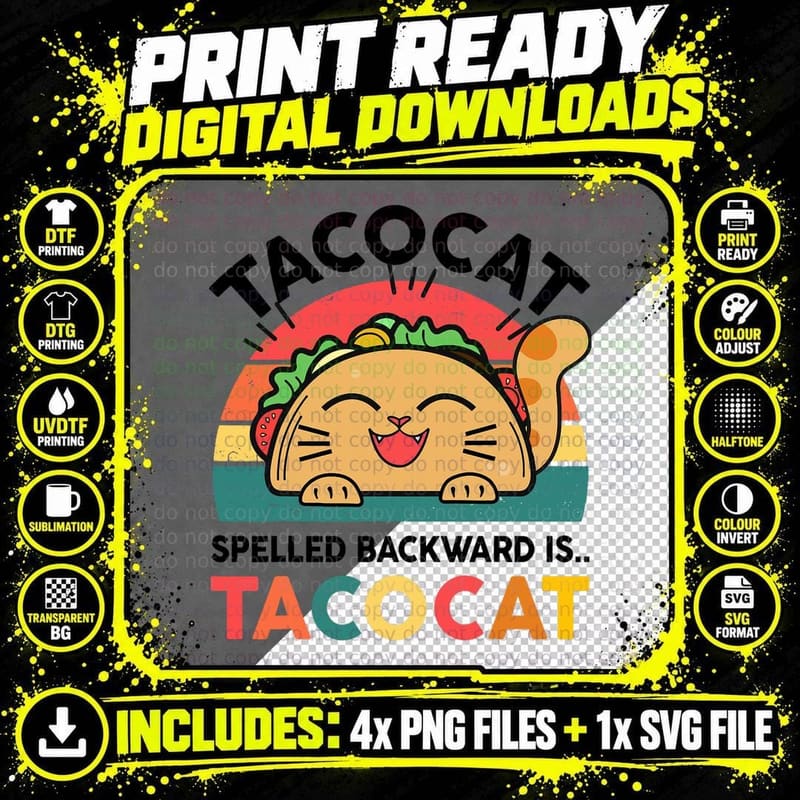 Funny Taco Cat T-Shirt, Retro Vintage Style Png SVG Digital Bundle