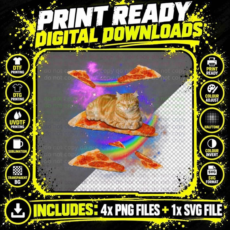 Galaxy Cat Riding Pizza T-Shirt, Space Cat Art Png SVG Digital Bundle