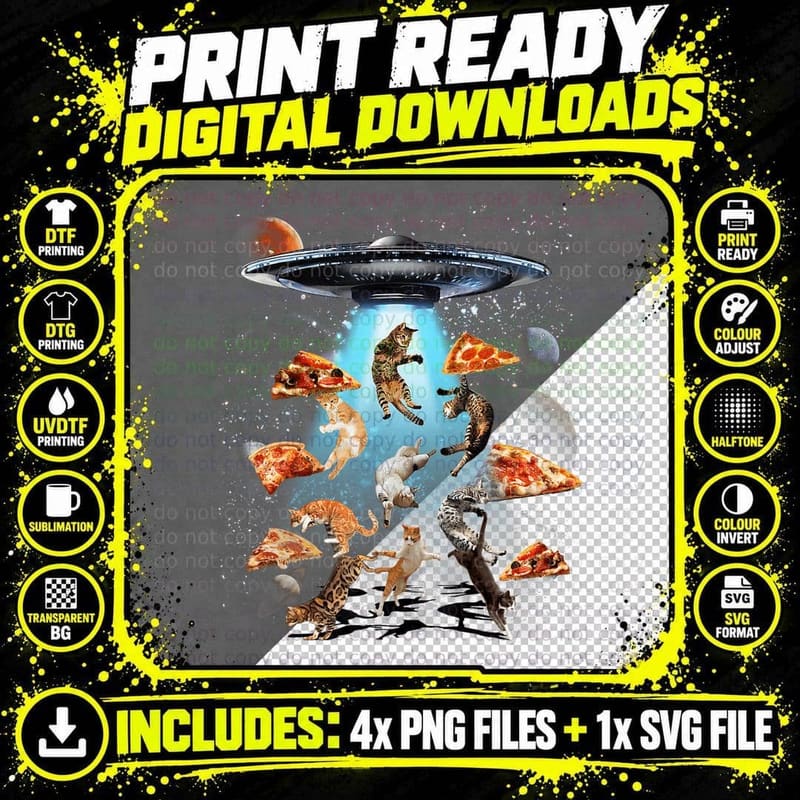 Galaxy Cat Shirt, UFO Cats, and Pizza T-Shirt Png SVG Digital Bundle