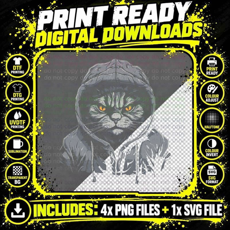 Gangsta Hiphop Hoodie Cat T-Shirt, Urban Streetwear Png SVG Digital Bundle