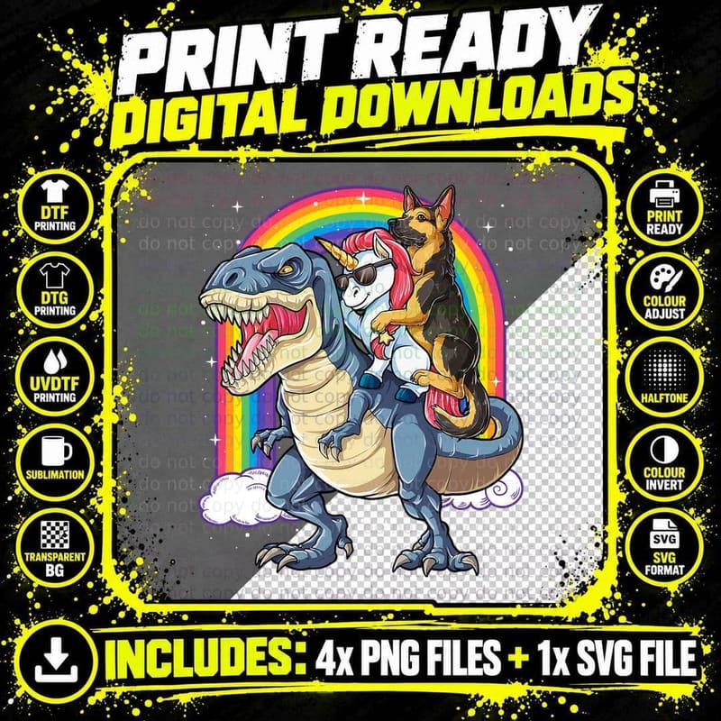 German Shepherd Unicorn Dinosaur T-Shirt Png SVG Digital Bundle