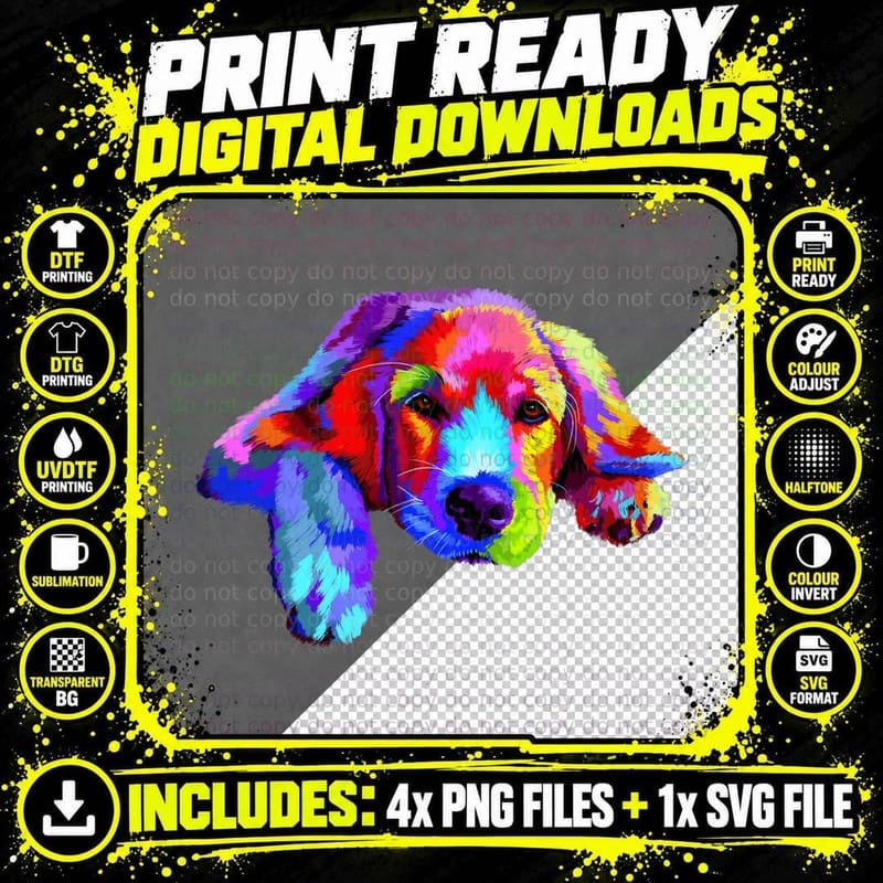 Golden Retriever Watercolor T-Shirt, Colorful Dog Art Png SVG Digital Bundle