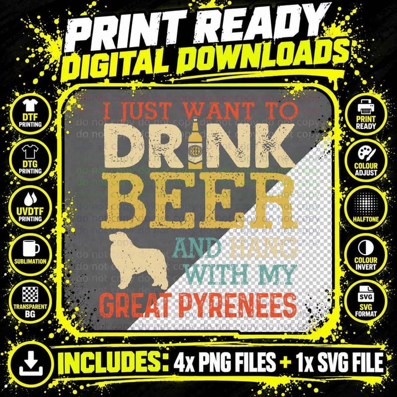 Great Pyrenees Dad Drink Beer Hang with Dog Funny Png SVG Digital Bundle