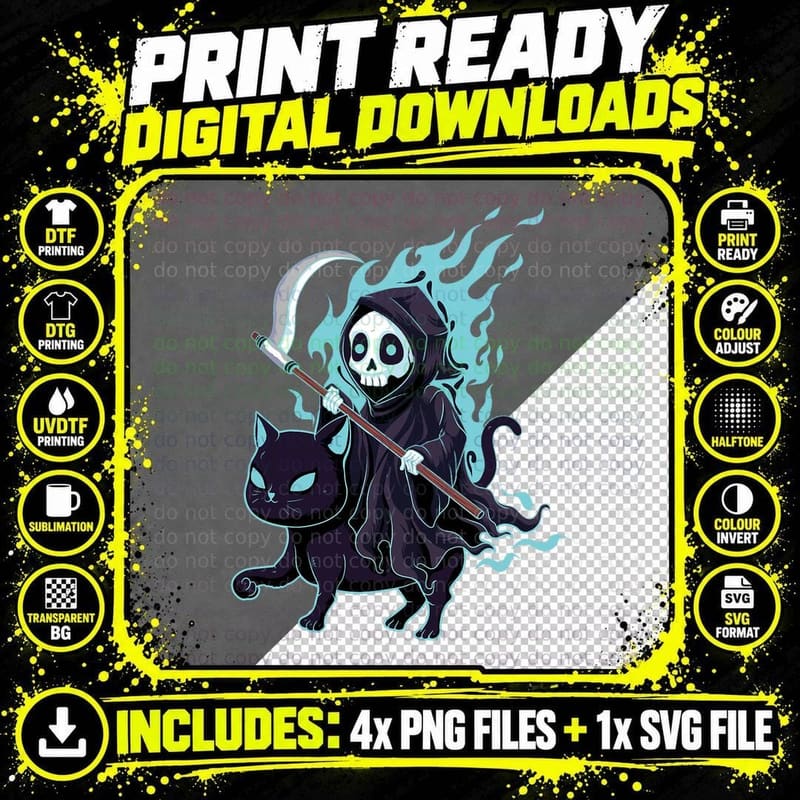 Grim Reaper Black Cat T-Shirt, Occult Gothic Style Png SVG Digital Bundle