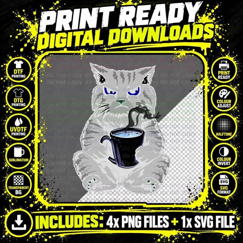 Grumpy Black Cat with Coffee T-Shirt, Funny Sarcasm Png SVG Digital Bundle
