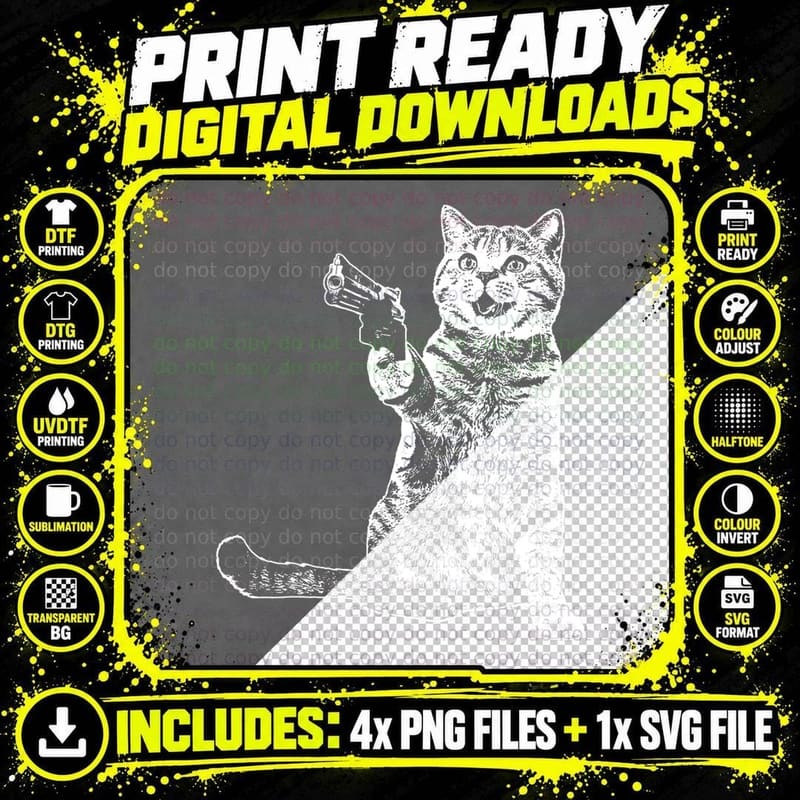 Gun Kitty Funny Cat T-Shirt, White Print Png SVG Digital Bundle