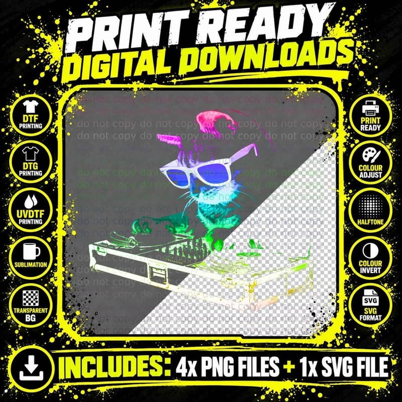 HOUSE CAT (Rainbow DJ Kitty) T-Shirt Png SVG Digital Bundle