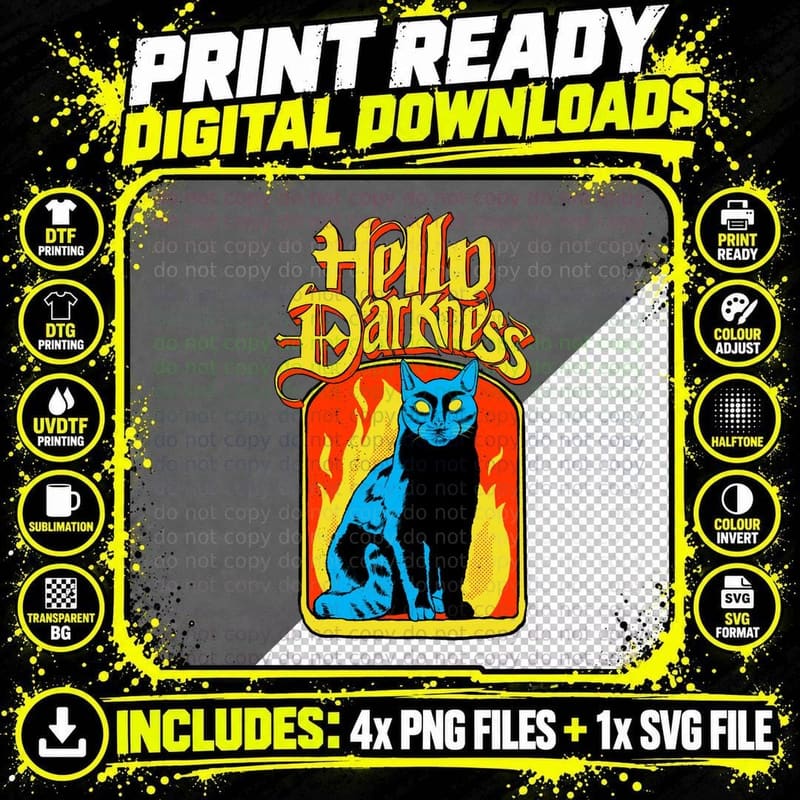 Hello Darkness - Black Cat T-Shirt Png SVG Digital Bundle