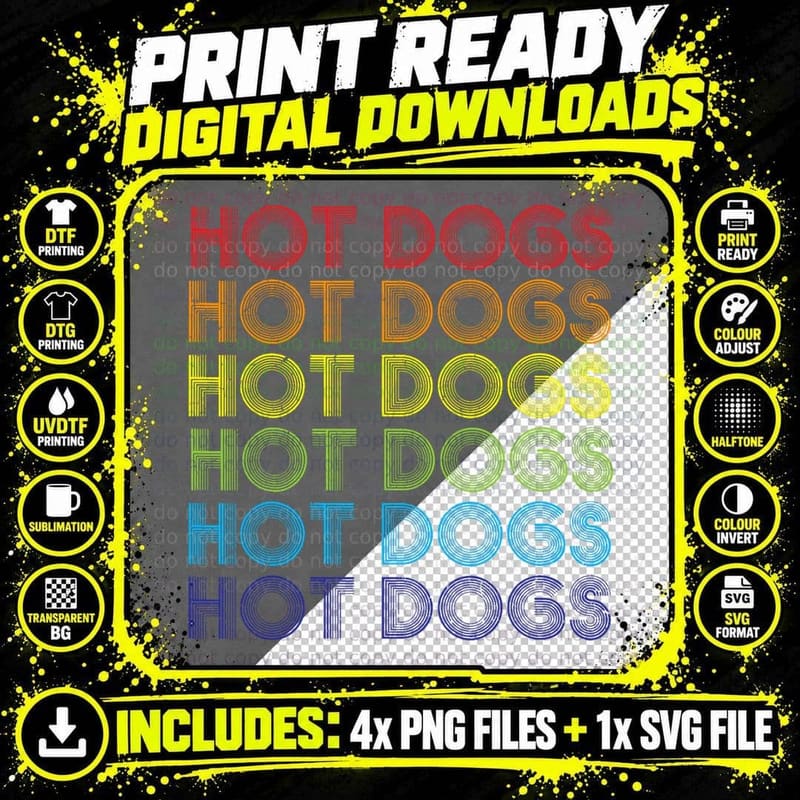 Hot Dog Sausage Frankfurter T-Shirt, Retro Style Png SVG Digital Bundle