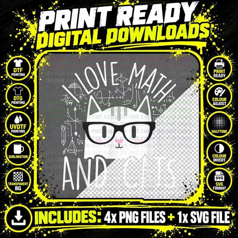 I Love Math and Cats, Nerd Glasses Cat Png SVG Digital Bundle