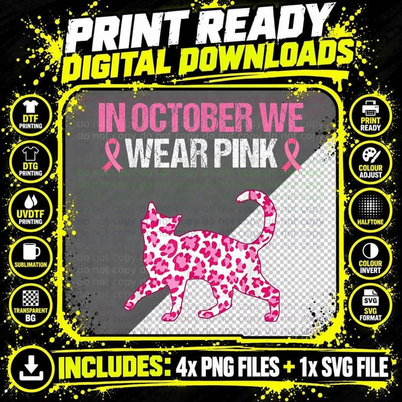 In October We Wear Pink Breast Cancer Awareness Cat Png SVG Digital Bundle