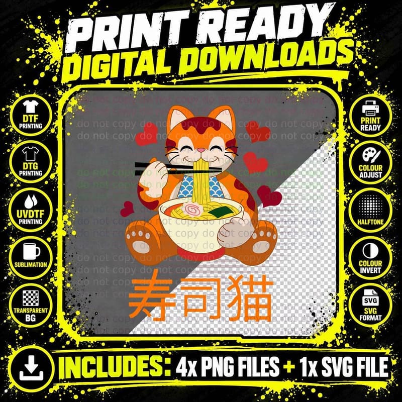 Japanese Art Culture Japanese Style Neko Cat Ramen Png SVG Digital Bundle