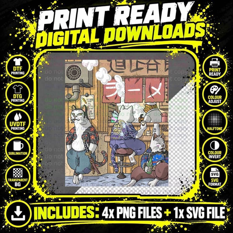 Japanese Samurai Cat Katana Ninja T-Shirt Png SVG Digital Bundle