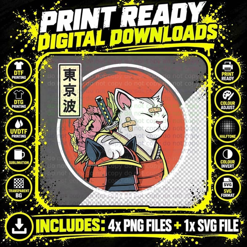 Japanese Samurai Cat T-Shirt, Japan Aesthetic Png SVG Digital Bundle