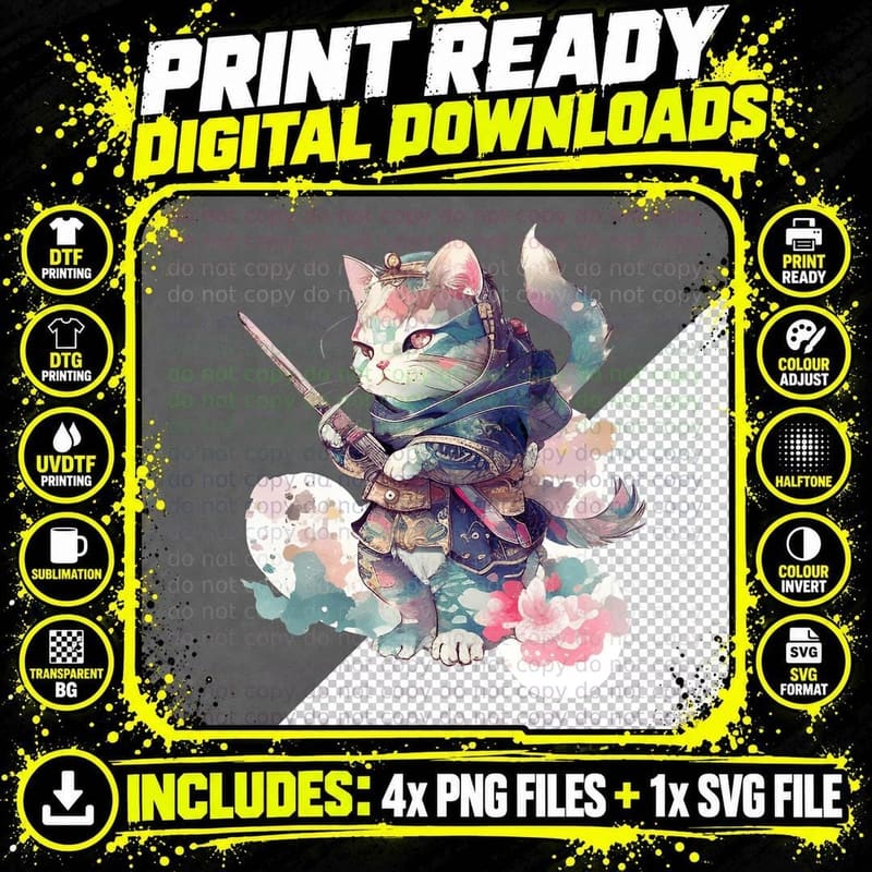 Japanese Samurai Cat T-Shirt Png SVG Digital Bundle