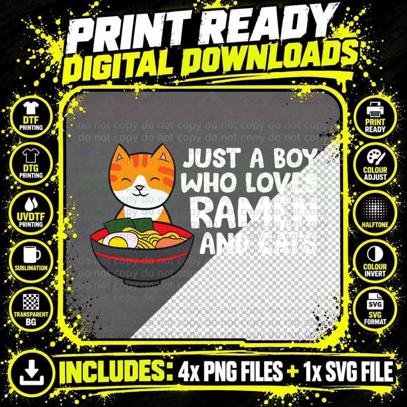 Just a Boy Who Loves Ramen and Cats T-Shirt Png SVG Digital Bundle
