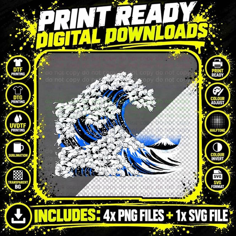 Kanagawa Cat Wave Black T-Shirt Png SVG Digital Bundle