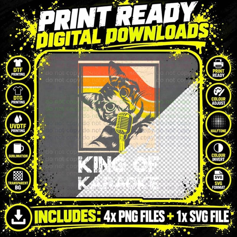 King of Karaoke Cat T-Shirt, Vintage Retro Png SVG Digital Bundle
