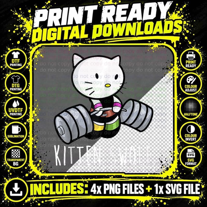 Kitten Swole Cat Powerlifting T-Shirt, Fitness Humor Png SVG Digital Bundle
